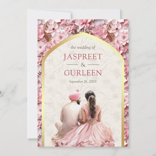 Pink Floral Punjabi Anand Karaj Sikh Wedding Einladung (Vorderseite)
