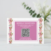 Pink Floral QR Code RSVP Karte (Stehend Vorderseite)