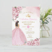 Pink Floral Quinceañera 15 Anos Blume Goldkrone Einladung (Stehend Vorderseite)