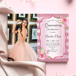 Pink Floral Quinceañera Birthday Foto Einladung