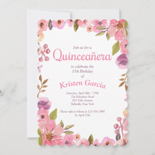 Pink Floral Quinceañera Einladung (Vorderseite)