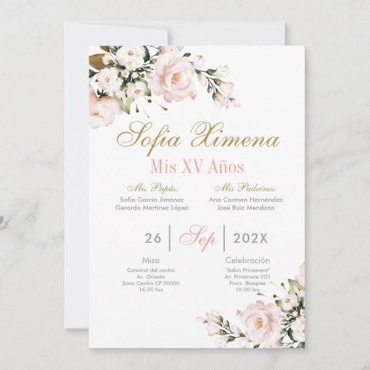 Pink Floral Quinceanera Einladung (Vorderseite)