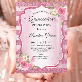 Pink Floral Quinceañera Geburtstag Einladung