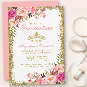 Pink Floral Quinceanera Gold Glitzer Crown Einladung