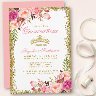 Pink Floral Quinceanera Gold Glitzer Crown Einladung