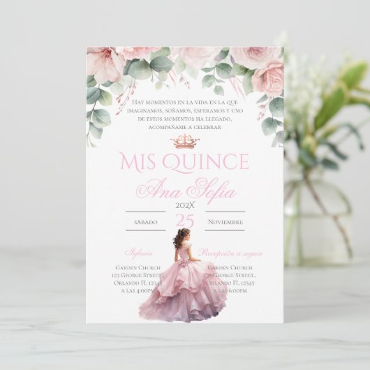 Pink Floral Quinceanera invitation Spanish Einladung (Stehend Vorderseite)