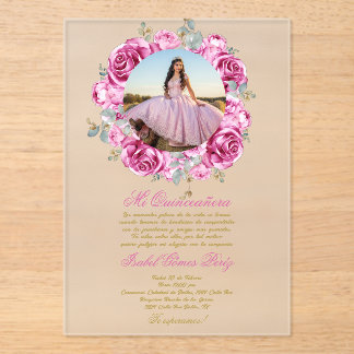 Pink floral Quinceanera invitation with picture Acryleinladungen