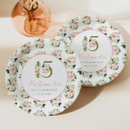 Pink Floral Quinceañera Papierplatte Mis XV 15 Año Pappteller