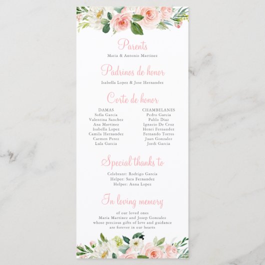 Pink Floral Quinceañera Programm Reihenfolge der V (Rückseite)