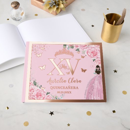 Pink Floral Quinceañera Quince 15 XV Rose Gold Gästebuch (Vorderseite offen)