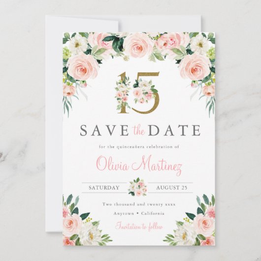 Pink Floral Quinceañera Save the Date Foto Rose (Vorderseite)