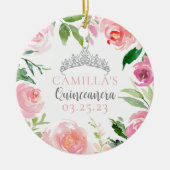 Pink Floral Quinceañera Silver Tiara Weihnachten Keramik Ornament (Vorne)
