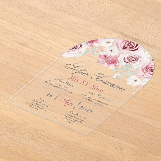 Pink Floral Quinceañera Spanisch Acryleinladungen (Ablage )