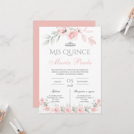 Pink Floral Quinceañera Spanisch Einladung (Vorderseite/Rückseite Beispiel)