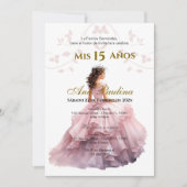 Pink Floral Quinceañera Spanische Einladung (Vorderseite)