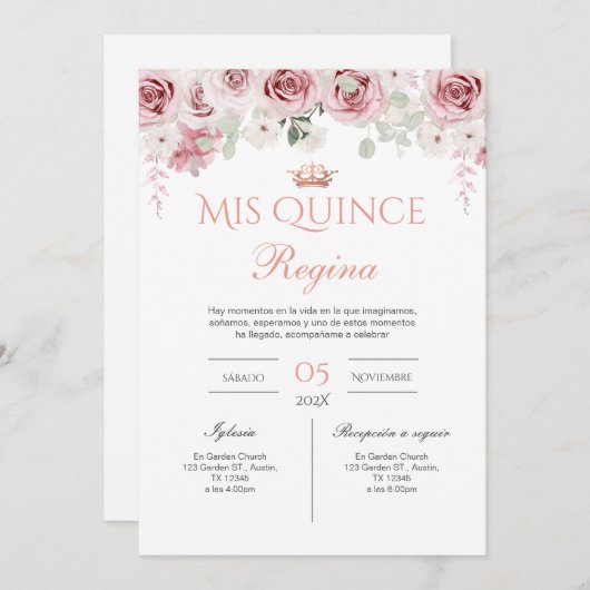 Pink Floral Quinceañera Spanish Einladung (Vorne/Hinten)