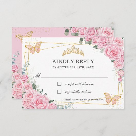 Pink Floral Quinceañera Sweet 16 Butterflies Reply RSVP Karte (Vorne/Hinten)
