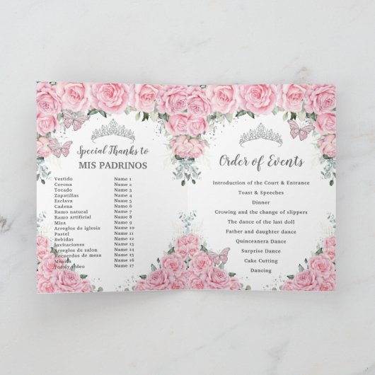 Pink Floral Quinceñera Orden der Ereignisse Padrin Programm (Innenseite)