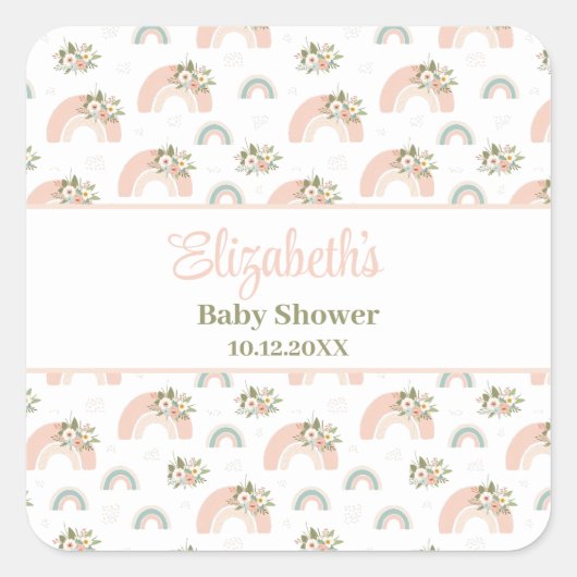 Pink Floral Rainbow Baby Dusche Quadratischer Aufkleber (Vorderseite)
