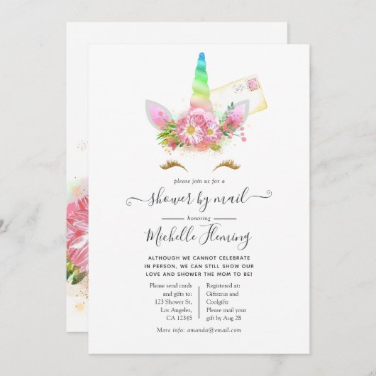 Pink Floral Rainbow Unicorn Baby Showroom by Mail Einladung (Vorne/Hinten)