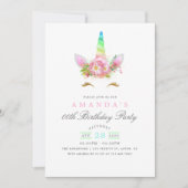 Pink Floral Rainbow Unicorn Girl Birthday Party Einladung (Vorderseite)