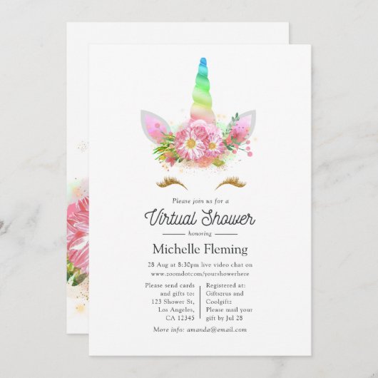 Pink Floral Rainbow Unicorn Virtual Baby Dusche Einladung (Vorne/Hinten)