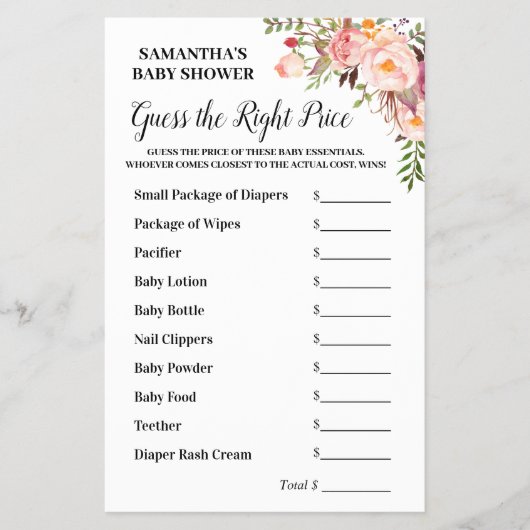 Pink Floral rät das richtige Preis Baby Duschspiel Flyer (Vorne)