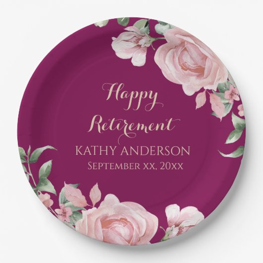 Pink Floral Retirement Party Pappteller (Vorderseite)
