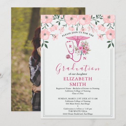 Pink Floral RN Nursing Graduation Invitation | BSN Einladung (Vorne/Hinten)