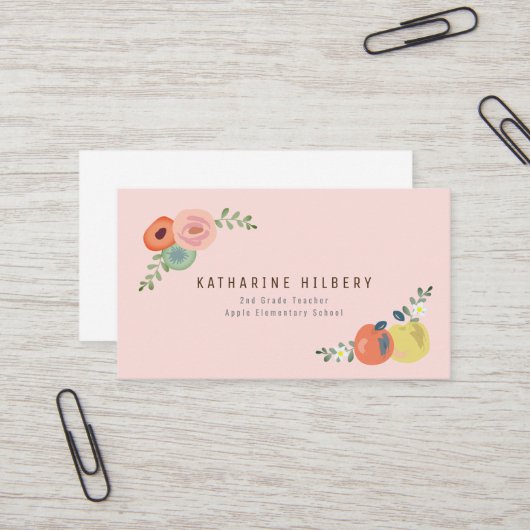 Pink Floral Rose & Apples Teacher Business Card Visitenkarte (Vorderseite/Rückseite Beispiel)