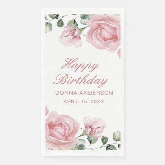 Pink Floral Rose Birthday Party Plate Serviette (Vorderseite)