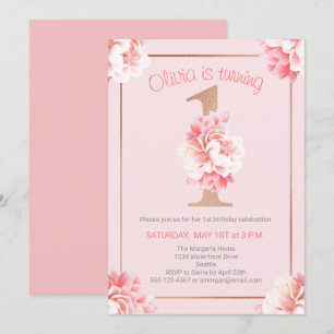 Pink Floral Rose Gold Girl's First Birthday Party Einladung