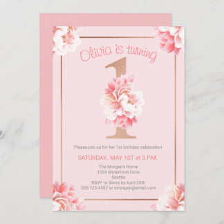 Pink Floral Rose Gold Girl's First Birthday Party Einladung
