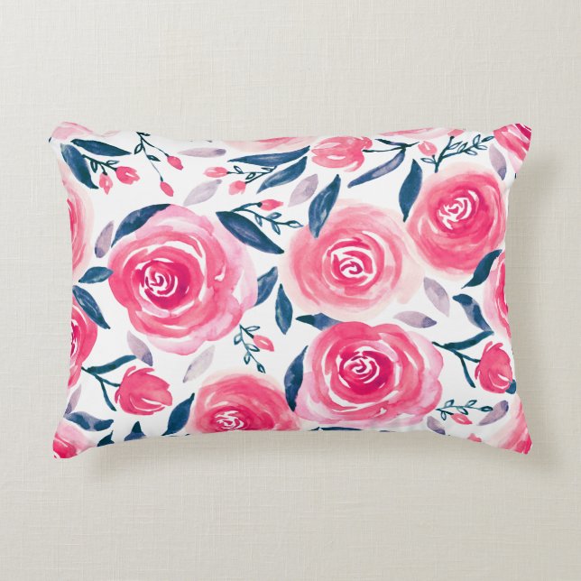 Pink Floral Rose Muster Dekokissen (Vorderseite)