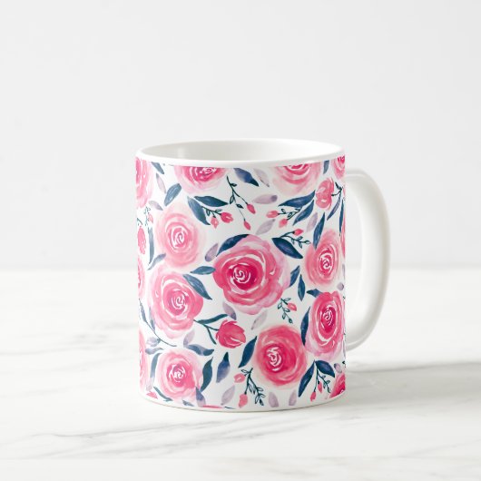 Pink Floral Rose Muster Kaffeetasse (VorderseiteRechts)