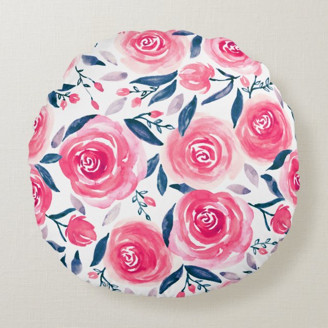 Pink Floral Rose Muster Rundes Kissen (Vorderseite)