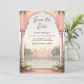 Pink Floral Royal Indian Palace Wedding Foto Save The Date (Stehend Vorderseite)