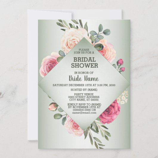 Pink Floral Rustic Geometric Green Bridal Shower Einladung (Vorderseite)