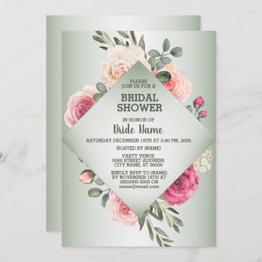 Pink Floral Rustic Geometric Green Bridal Shower Einladung (Vorne/Hinten)