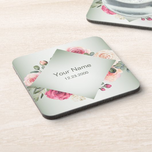 Pink Floral Rustic Geometric Green Party Getränkeuntersetzer (Linke Seite)