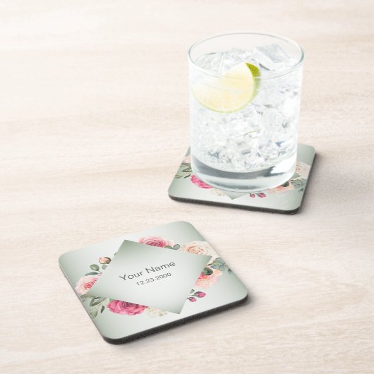 Pink Floral Rustic Geometric Green Party Getränkeuntersetzer (Rechte Seite)