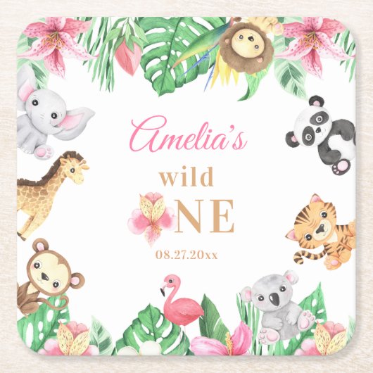 Pink Floral Safari Animals Birthday Rechteckiger Pappuntersetzer (Vorderseite)