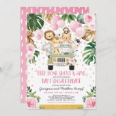 Pink Floral Safari Drive By Baby Showparade Einladung (Vorne/Hinten)