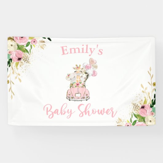 Pink Floral Safari Tiere mit Kinderdusche Banner (Horizontal)
