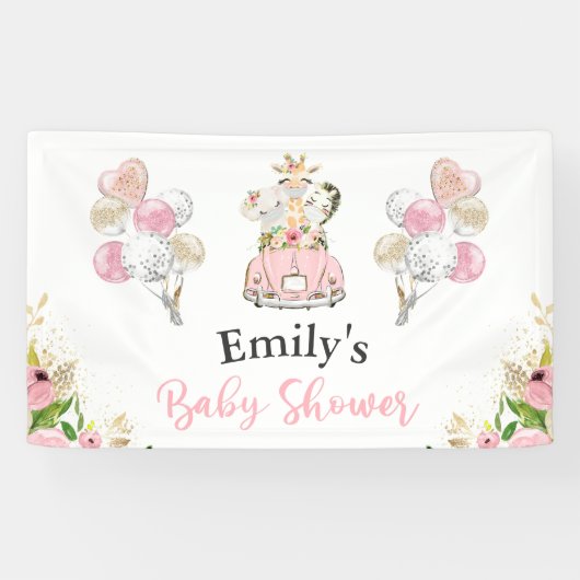 Pink Floral Safari Tiere mit Kinderdusche Banner (Horizontal)