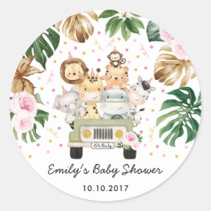 Pink Floral Safari Wild Animals Baby Shower Favori Runder Aufkleber