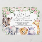 Pink Floral Safari Wild Ein Geburtstag Einladung (Vorne/Hinten)
