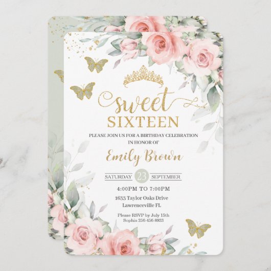 Pink Floral Sage Grüne Schmetterlinge 16 . Geburts Einladung (Vorne/Hinten)