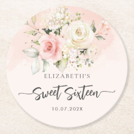 Pink Floral Script Sweet 16 Geburtstagsparty Runder Pappuntersetzer