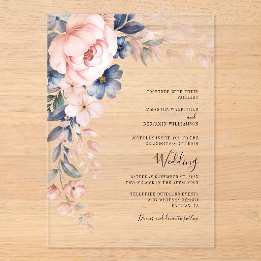 Pink Floral Script Watercolor Hochzeit Acryleinladungen (Vorderseite)